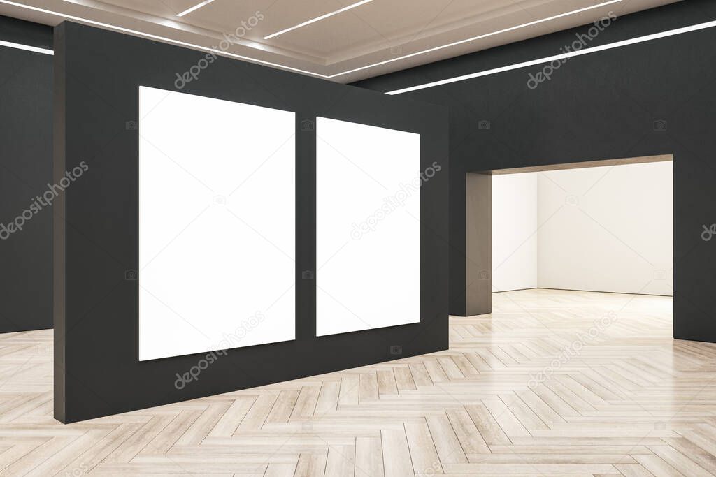 Spacious exhibition interior with two blank posters on stand and wooden floor. Performance and presentation concept. Mock up. 3D Rendering