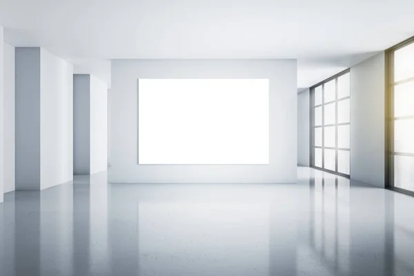 Big Blank White Poster Concrete Wall Empty Light Spacious Hall — Stock Photo, Image