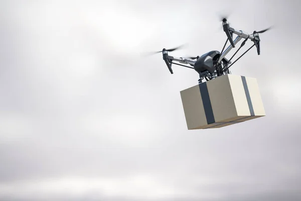 Innovative Fast Delivery Service Modern Grey Quadrocopter Carrying Cardboard Box — Stock Photo, Image