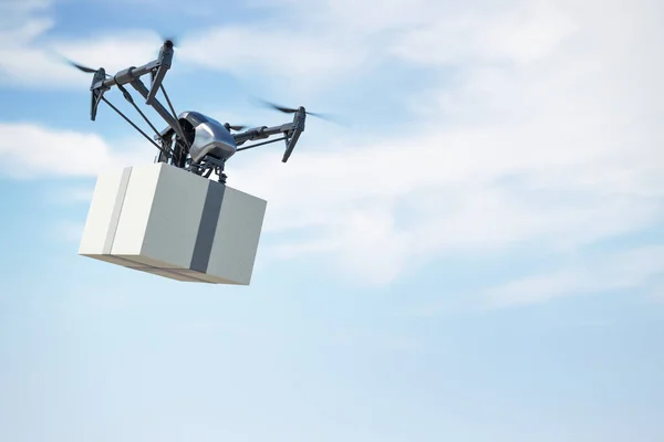 Modern fast delivery service with flying drone and cardboard parcel at blue sky background, fast delivery concept. 3D rendering.