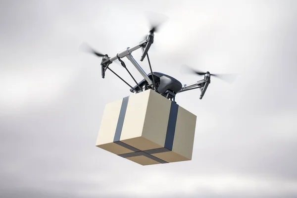 Conceito Entrega Rápida Com Grande Pacote Papelão Robô Drone Moderno — Fotografia de Stock