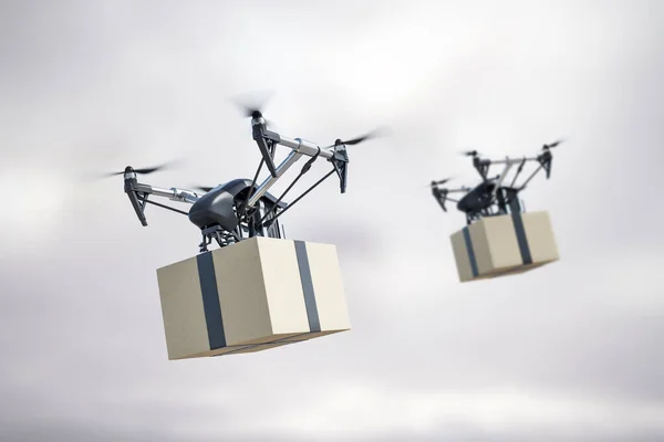 Technological Drone Delivery Service Two Flying Grey Sky Modern Quadrocopters — Stock Photo, Image