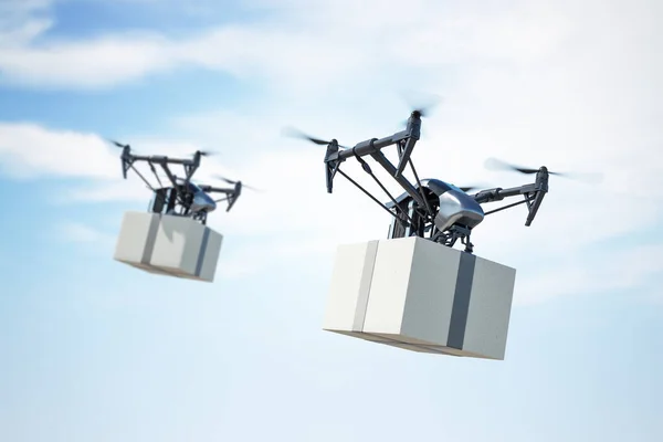 New Technology Fast Delivery Service Two Flying Quarocopters Cardboard Boxes — Stock Photo, Image