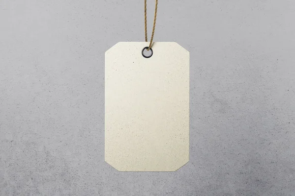 Modern blank eco friendly beige kraft paper label tag at abstract concrete background. Eco friendly hanging tag concept. Mock up. 3D rendering