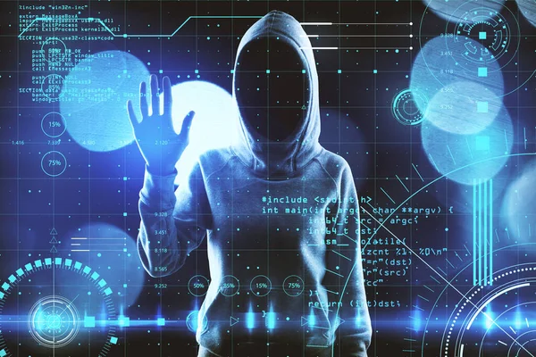 Conceptul Securitate Cibernetică Siluetă Hacker Fără Chip Atingând Ecranul Digital — Fotografie, imagine de stoc