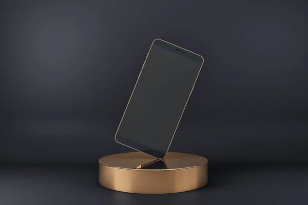 Leeres Schwarzes Smartphone Display Das Einer Ecke Auf Goldenem Zylinder — Stockfoto