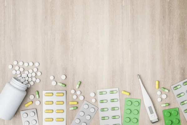 Surtido Píldoras Medicina Farmacéutica Tabletas Cápsulas Termómetro Sobre Fondo Madera —  Fotos de Stock