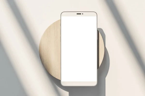 Pantalla Blanca Blanco Del Teléfono Celular Cilindro Madera Fondo Blanco — Foto de Stock