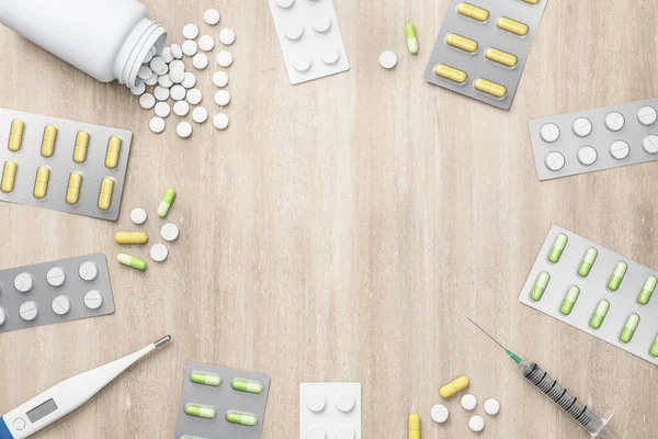 Assortment of pharmaceutical medicine pills, tablets, capsules and thermometer placed in a circle over wooden background. Medication concept. 3D rendering