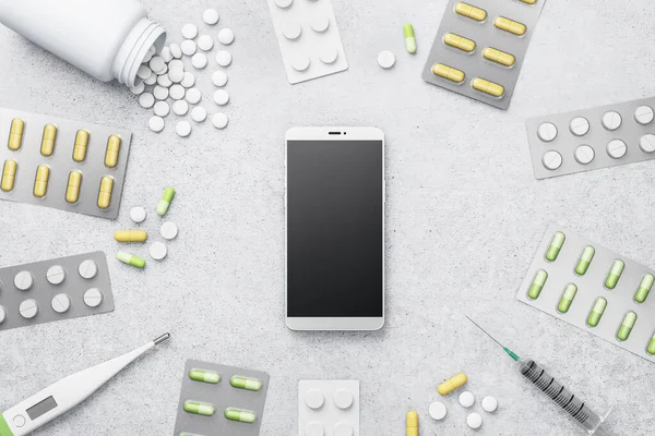 White cellphone frame with blank black screen among assortment of pharmaceutical medicine pills, tablets, capsules and thermometer at abstract background. Online medication concept. Mockup. 3D rendering