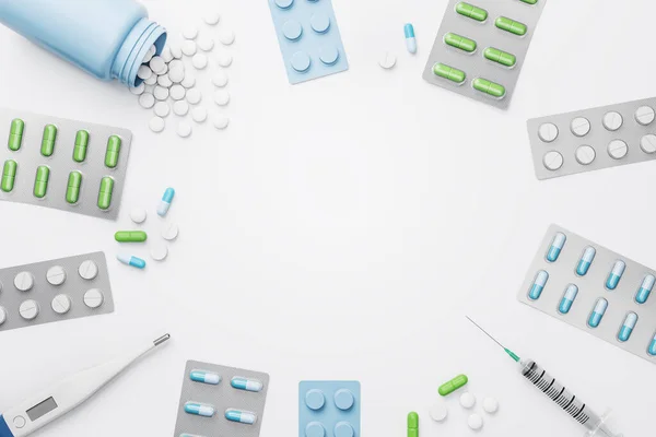 Surtido Píldoras Medicamentos Farmacéuticos Tabletas Cápsulas Termómetro Colocados Círculo Sobre —  Fotos de Stock