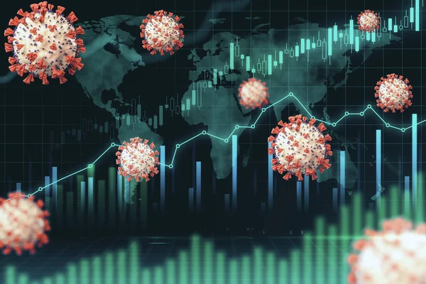 Büyüyen Finansal Grafik Grafiği Dünya Haritası Şeması Uçan Korona Virüs — Stok fotoğraf
