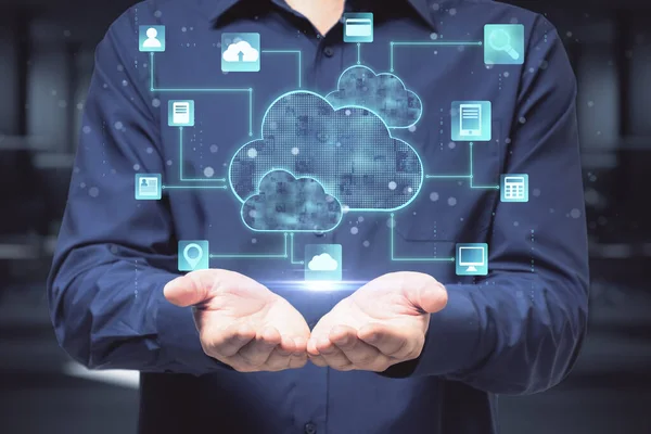 云服务技术 打开双手的人和上面有云和生活方式标志的数字屏幕 — 图库照片