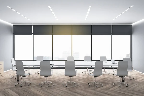 Modern spacious eco style meeting room with dark wooden parquet, white furniture and big glass wall as a window with blackout curtains and city view. 3D rendering.