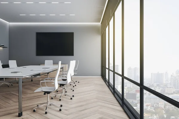 Blank Black Poster Grey Wall Eco Style Meeting Room Wooden — Stock Photo, Image