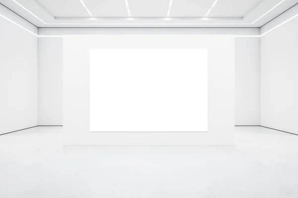 白色的大海报在白色的墙的中心 在空旷的灯光展厅 顶部有引导灯 3D渲染 — 图库照片