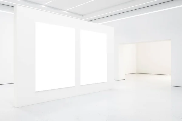 Two white blank posters on white wall in empty spacious light hall with led lights on ceiling. Mockup. 3D rendering.