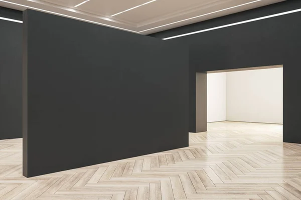 Minimalistyczne Wnętrze Galerii Pustą Czarną Ścianą Prezentacyjną Koncepcja Sztuki Projektowania — Zdjęcie stockowe