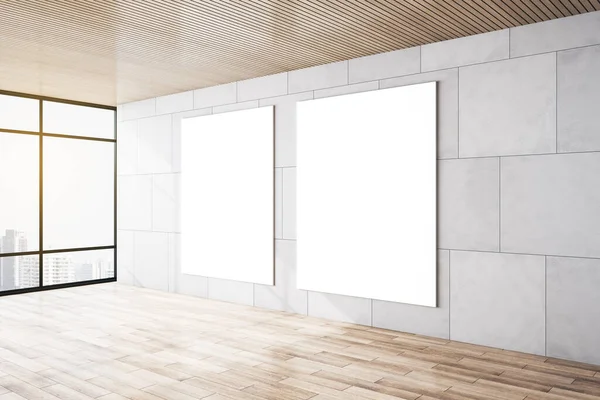 Dois Cartazes Brancos Branco Parede Mármore Cinza Claro Moderna Sala — Fotografia de Stock