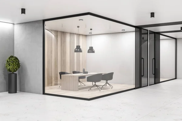现代生态风格的会议室 配有玻璃墙 木制地板和墙壁 以及带有黑色装饰细节的时尚家具 3D渲染 — 图库照片