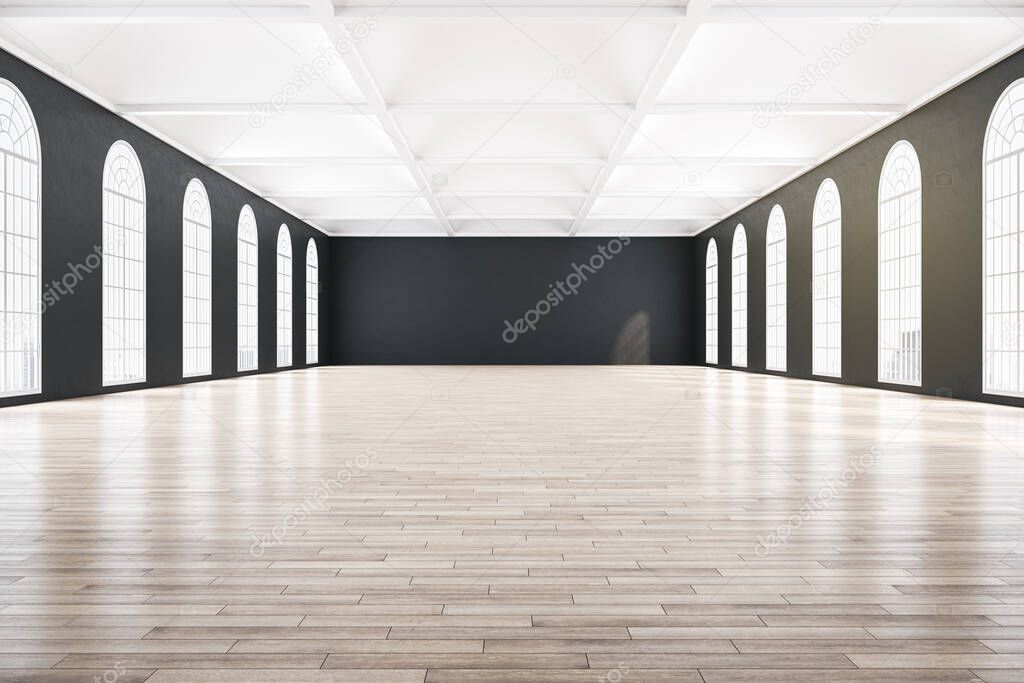 Modern gallery interior in classic style with large window and wooden floor. Museum and exhibition concept. Mock up, 3D Rendering