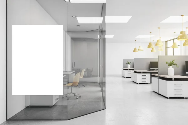 Blank white poster on glass wall in modern open space office with grey furniture and yellow lights. Mockup. 3D rendering