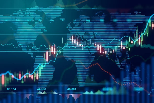 Investment and business concept: digital screen with glowing financial graphs and diagram at abstract wold map background. 3D rendering