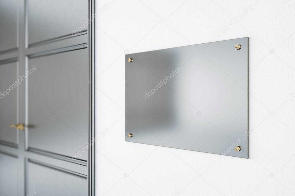 Blank metal signboard on white wall before the entrance a room with grey door. Mockup. 3D rendering