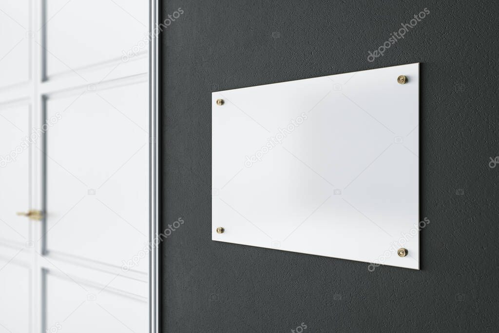 Light blank signage on dark wall before the entrance a room with white door. Mockup. 3D rendering