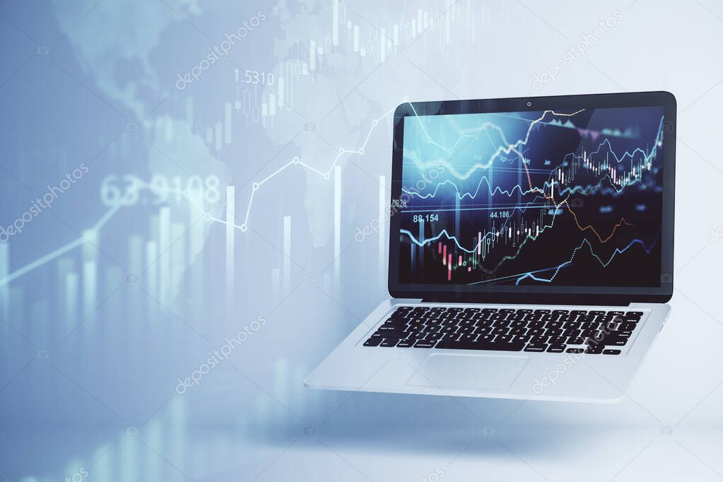 Online forex chart analysis with opened laptop with financial diagrams and lines on display at abstract stock market background. Double exposure. 3D rendering
