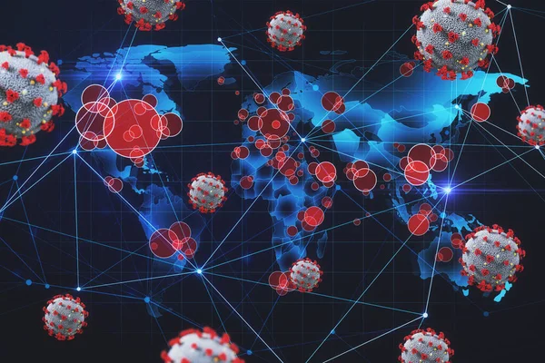 Covid-19 virus hearts of spreading on digital world map with coronavirus molecules connected by lines. 3D rendering