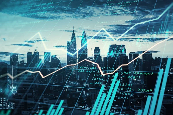 World trade market concept with digital screen with financial graphs and diagram at megapolis city skyscrapers background. Double exposure