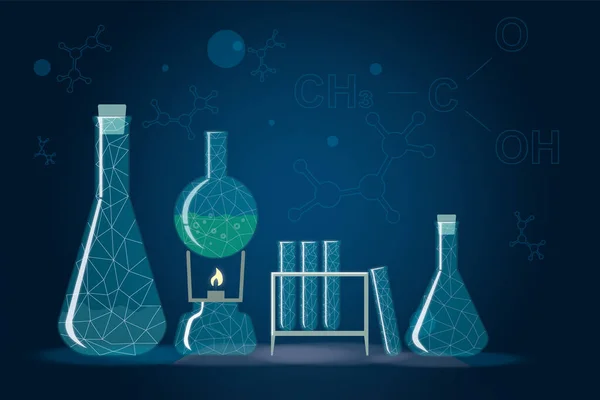 Education and science concept with glass flasks and test tubes illustration at chemical formulas wallpaper. 3D rendering