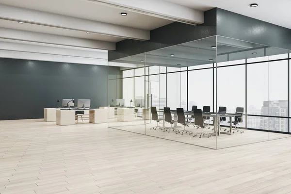 Stylish conference room with black furniture with glass wall in modern spacious office hall with wooden floor and city view from huge window. 3D rendering