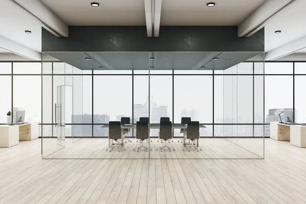 Modern glass wall conference room with black chairs and table in spacious office hall with wooden floor and city skyscrapers view. 3D rendering