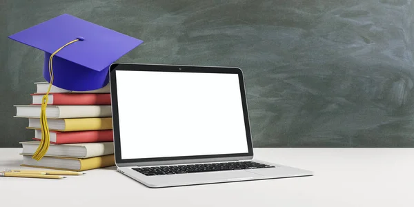 Online education concept with stack of books, blue graduate cap and blank white laptop screen on wooden table at blackboard background. 3D rendering, mockup