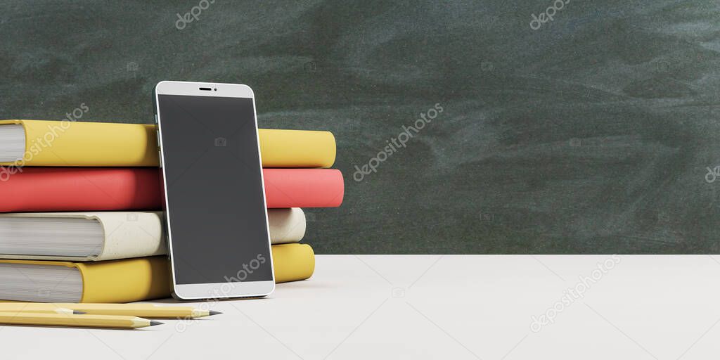 Online education concept with stack of books, pencils and blank black smartphone screen on wooden table at blackboard background. 3D rendering, mock up