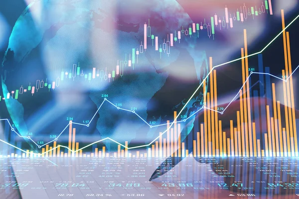 World trade market concept with digital screen with stock market quotes, financial graphs and human hand with pen. Double exposure