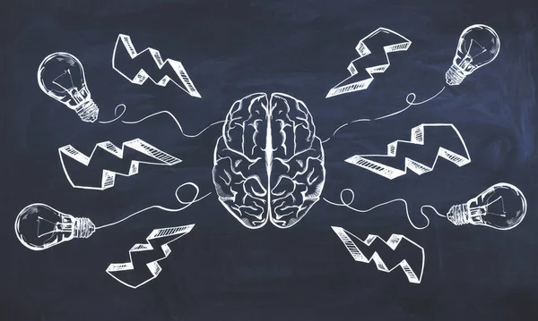 Brainstorm and thinking concept with handwritten sketch of two parts of human brain, light bulbs and lightning strike symbols on chalk board. 3D rendering