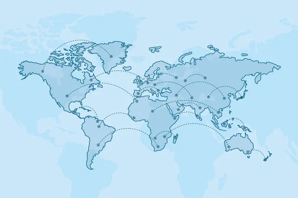 Globalization concept with contour line countries on world map connected by dotted lines on abstract light background. 3D rendering