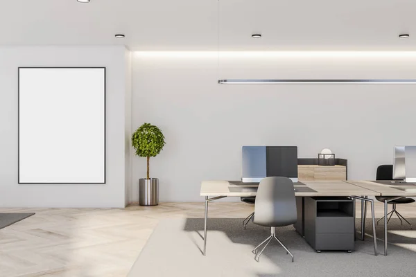 Blank white poster in black picture frame on light wall in sunny spacious office with wooden furniture and floor and tree in metallic flowerpot. 3D rendering, mock up