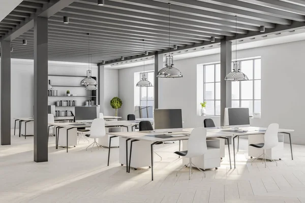 Black and white style interior design of modern office with black wooden posts, white tables and chairs, stylish chrome lamps from top and light parquet. 3D rendering