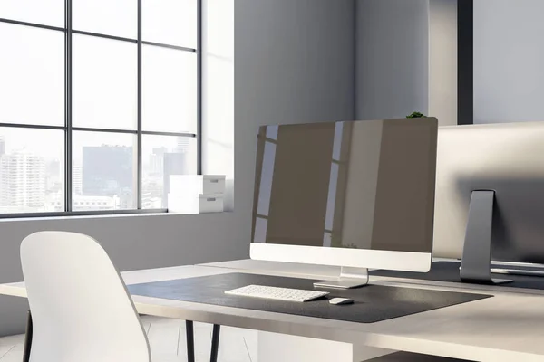 Black modern computer monitor on wooden worktable with white chair in sunny office with big window and city view. 3D rendering