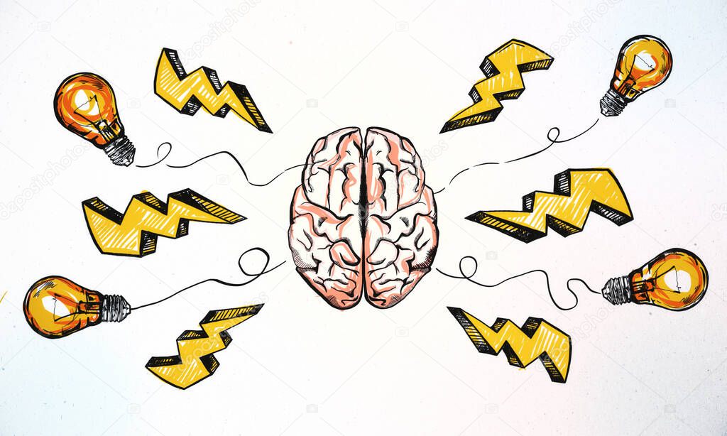 Brainstorm concept with handwritten sketch of two parts of human brain, orange light bulbs and yellow lightning strike symbols on white background. 3D rendering