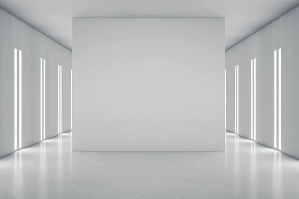 Blank grey partition in the center on modern empty hall with glossy floor and led lights on walls. 3D rendering, mock up