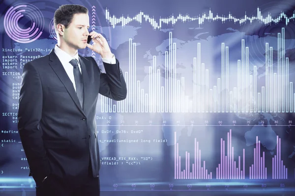 Businessman talking on the phone, trading bar blue charts in the background, trading and market concept