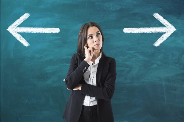 Make the choice concept with pensive businesswoman on green chalkboard with white arrows background