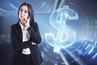 Businesslady in a black suit thinking with a dollar sign in the background, investment and money management concept clipart