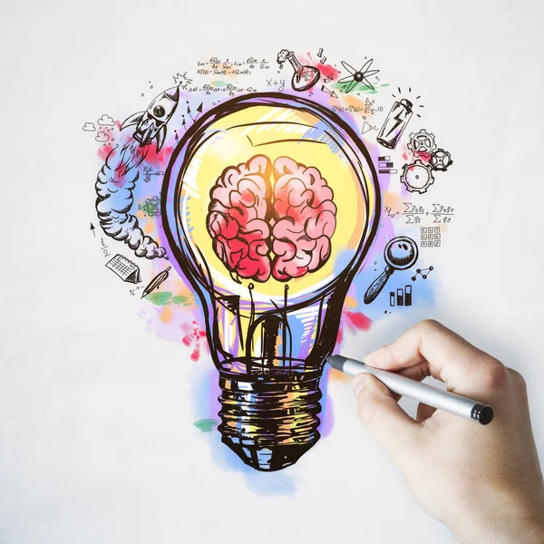 Ιδέα Και Startup Cocnept Χέρι Γράφοντας Πολύχρωμο Σκίτσο Ανθρώπινο Εγκέφαλο — Φωτογραφία Αρχείου