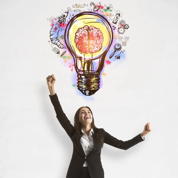 Dobry Pomysł Pomysł Start Zysk Szczęśliwą Businesswoman Białym Tle Ręcznie — Zdjęcie stockowe
